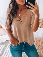 Khaki Crew Neck Half Sleeve Cotton-Blend Solid Causal Tops - Noracora