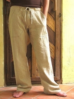 Khaki Plain Linen Casual Men-Pants - Noracora