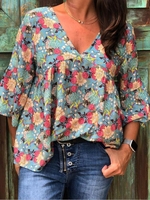 Light Blue 3/4 Sleeve Cotton-Blend Tops