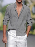 Light Gray Stand Collar Linen Casual Solid Men-Shirts - Noracora