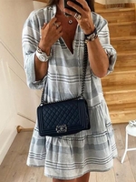 Light Gray Striped Long Sleeve Shirt Collar Cotton-Blend Causal Dresses