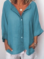Linen 3/4 Sleeve Solid Casual Tops