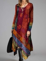 Long Sleeve Casual Printed Round Neck Dresses - Noracora