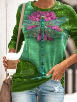 Long Sleeve Cotton-Blend Casual Round Neck Blouses&shirts - Noracora