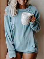 Long Sleeve Round Neck Cotton-Blend Ripped Causal Tops - Noracora