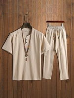 Men&0s Chinese Style Sets Two Buckle Short-sleeved T-shirt + Trousers Casual Two-piece