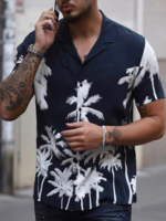 Navy Blue Cotton-Blend Coconut Tree Shirt Collar Casual Men-Shirts - Noracora