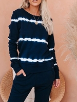 Navy Blue Cotton-Blend Long Sleeve Casual Causal Tops - Noracora