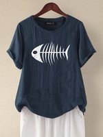 Navy Blue Cotton Casual Round Neck Blouse & Shirts - Noracora