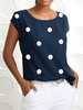 Navy Blue Crew Neck Single Sleeve Shift Polka Dots T-Shirts - Noracora