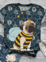 Navy Blue Printed Short Sleeve T-Shirts - Noracora