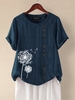 Navy Blue Round Neck Floral-Print Short Sleeve T-Shirts - Noracora