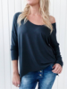 Navy Blue Solid Casual Long Sleeve Cotton-Blend Causal Tops