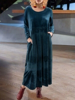 Navy Solid Velvet Vintage Causal Dresses