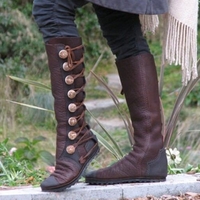 Noracora Boots Flat Heel Vintage Button Round Toe Black Boots