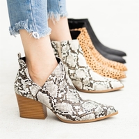 Noracora Boots Leopard Block Heel Gladiator Pointed Toe Zipper Boots