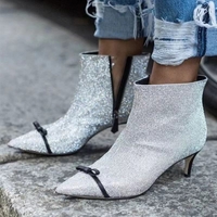 Noracora Boots Pointed Toe Vintage Silver Block Heel Boots
