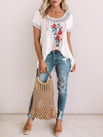 Noracora Floral 1 White Women Tops Casual Polyester Crew Neck Short Sleeve Printed Tops