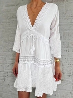 Noracora Party Dresses Sundress Going Out Flounce V-Neck Holiday 3/4 Sleeve Paneled Dresses