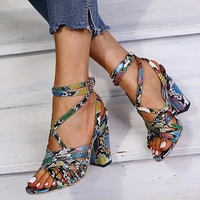 Noracora Sandals Chunky Heel Casual Adjustable Buckle Snakeskin Open Toe Sandals