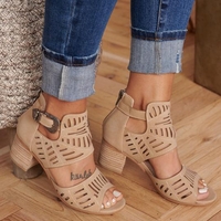 noracora Sandals Chunky Heel Casual Open Toe Taupe Adjustable Buckle Sandals