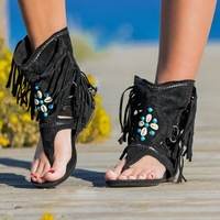 Noracora Sandals Pointed Toe Boho Black Wedge Heel Sandals