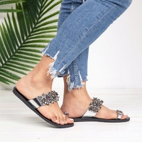 Noracora Shoes Casual Rhinestone Flat Heel Flip-Flops Black Shoes