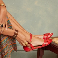 noracora Shoes Red Casual Peep Toe Adjustable Buckle Flat Heel Shoes