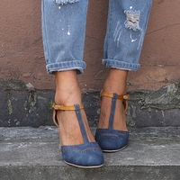 Noracora Shoes T-Strap Blue Adjustable Buckle Closed Toe Chunky Heel Shoes