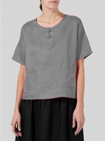 noracora Short Sleeve 1 Green Women Tops Casual Linen Round Neck Going Out Tops