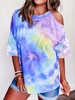Off Shoulder Ombre/tie-Dye Short Sleeve Cotton T-Shirts - Noracora