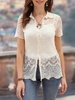 Off White Lace Short Sleeve Shirt Collar Tops - Noracora