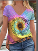 Ombre/tie-Dye V Neck Shift Short Sleeve T-Shirts - Noracora