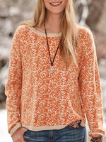 Orange Cotton-Blend Long Sleeve Printed Round Neck T-shirt