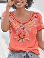 Orange Cotton-Blend Round Neck Short Sleeve Embroidered T-Shirts