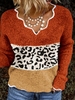 Orange Long Sleeve Cotton-Blend Patchwork Leopard-Print Sweaters - Noracora