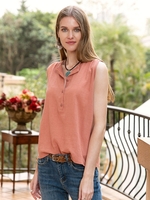 Orange Pink Basic Gathered Crew Neck Plain Tops >>Blouses & Shirts - Noracora