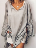 Patchwork Casual Cotton-Blend V Neck Blouses&shirts