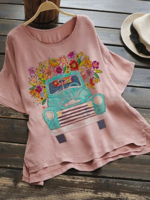 Pink Cotton-Blend Short Sleeve T-Shirts - Noracora