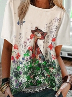 Pink Cotton Printed Crew Neck Short Sleeve T-Shirts - Noracora