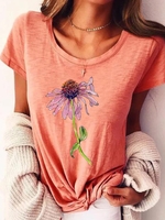 Pink Printed Cotton-Blend Simple T-Shirts - Noracora