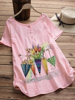 Pink Short Sleeve Cotton-Blend T-Shirts - Noracora