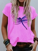 Pink Short Sleeve Crew Neck Cotton Printed T-Shirts - Noracora