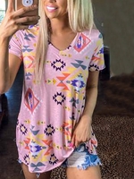 Pink Short Sleeve V Neck Geometric T-Shirts - Noracora