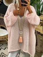 Pink V Neck Shift Cotton Casual Sweaters - Noracora