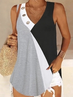Plain Color-block Buttoned Sleeveless V Neck Casual Tunic Tanks
