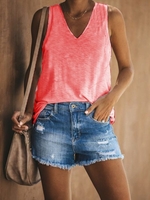 Plain Cotton-Blend Casual Round Neck Blouses&shirts