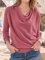 Plain Loose Cotton-Blend Cowl Neck Sweaters