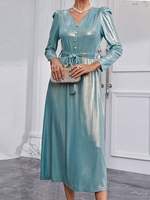 Plain Spring/Fall Party V neck Natural No Elasticity Household Long Sleeve No Dresses for Women