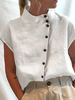 Plain Summer Linen Buttoned Stand Collar No Elasticity Daily Loose Cotton Blouses for Women